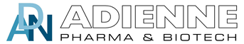 Logo aziendale Adienne Pharma & Biotech con la scritta in blu e grigio su sfondo bianco
