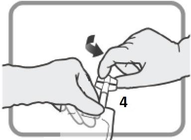 Mani che stringono un dispositivo medico con un ago sporgente e una freccia che indica la direzione di inserimento numerata con il 4