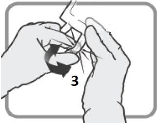 Due mani che ruotano un dispositivo medico con una freccia nera indicante il movimento e il numero 3 in sovrimpressione