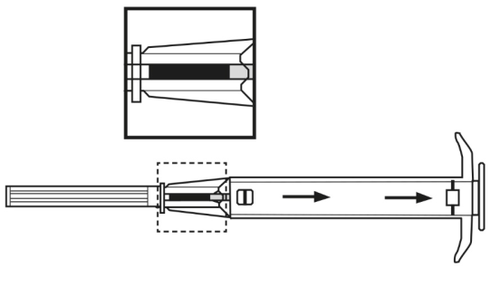 Siringa con stantuffo e ago illustrati, frecce indicano la direzione di spinta e dettaglio ingrandito della punta
