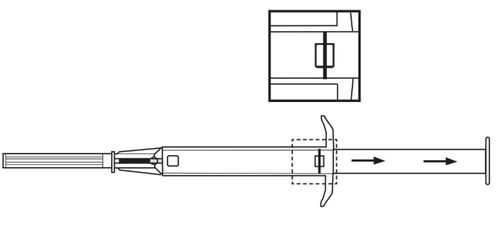 Siringa pre-riempita con stantuffo a freccia e indicazione della posizione di iniezione con riquadro tratteggiato