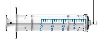 Siringa trasparente con scala graduata da 5 a 20 ml e stantuffo metallico visibile lateralmente
