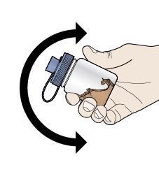 Mano che agita un flacone di farmaco liquido con tappo blu e guaina protettiva marrone freccia curva indica il movimento