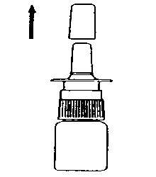 Flacone spray nasale con erogatore bianco e nero e freccia direzionale verso l