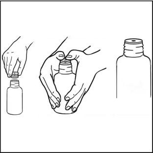 Mani che aprono e chiudono flaconi medicinali, uno aperto e uno chiuso, con tappi a vite di diverse dimensioni