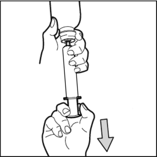 Mano che tiene una siringa preriempita con ago rivolto verso il basso e freccia che indica la direzione di iniezione