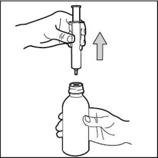 Mano che tiene una siringa sopra un flacone, freccia bianca indica direzione verso l