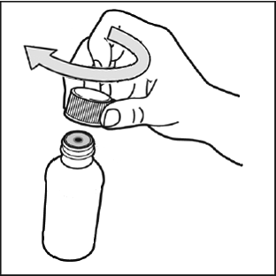 Mano che svita il tappo di un flacone medicinale con freccia che indica il movimento rotatorio