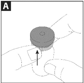 Fiala di medicinale con tappo grigio e freccia nera che indica la direzione di inserimento dell