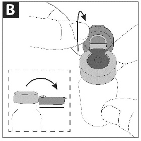 Dispositivo autoiniettante con due sezioni sovrapposte e frecce che indicano il movimento di attivazione e rilascio