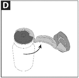 Fiala di vetro con tappo superiore in gomma parzialmente rimosso da un dispositivo di plastica trasparente con freccia direzionale