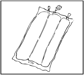 Sacca intravenosa trasparente con attacco superiore e inferiore disegnato a linea, riempita con liquido chiaro