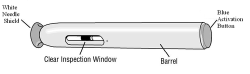 Dispositivo autoiniettante con corpo cilindrico bianco, pulsante di attivazione blu e protezione dell