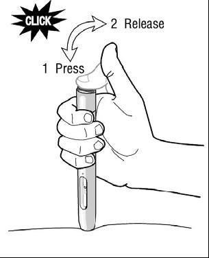 Mano che preme e rilascia un dispositivo penna per iniezione con indicazioni numeriche e frecce direzionali
