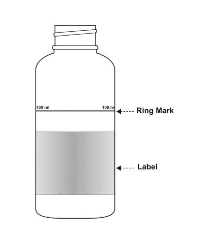 Fiala medicinale cilindrica con indicazioni di volume 100 ml e marcatura ad anello, etichetta in basso