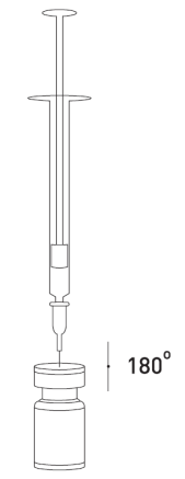 Siringa stilizzata con ago che penetra nel tappo di un flacone medicinale, angolo di 180 gradi indicato a destra