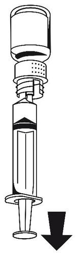 Siringa pre-riempita con farmaco trasparente collegata a un ago e freccia nera che indica la direzione di iniezione