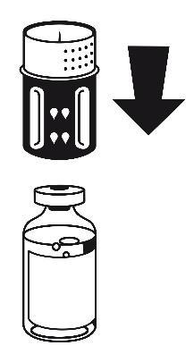 Fiala medicinale con tappo e indicazioni di dosaggio, freccia che punta verso il basso e fiala vuota pronta per la ricostituzione