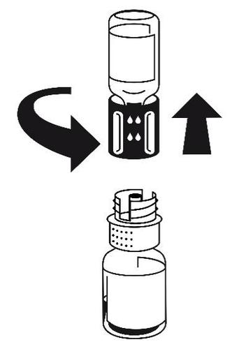 Fiala di medicinale con tappo in gomma e coperchio protettivo, freccia curva indica rotazione e freccia verticale indica rimozione