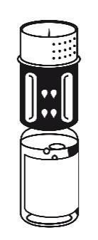 Fiala di vetro con tappo nero a due componenti e base cilindrica trasparente