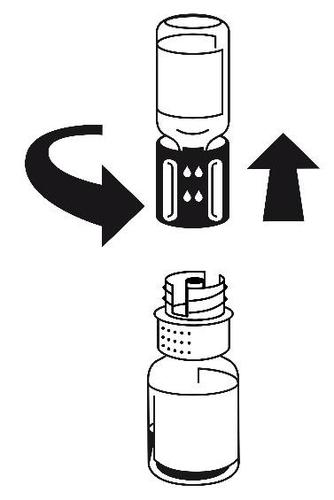 Fiala di vetro con liquido, tappo in gomma e frecce che indicano rotazione e inserimento nel tappo inferiore