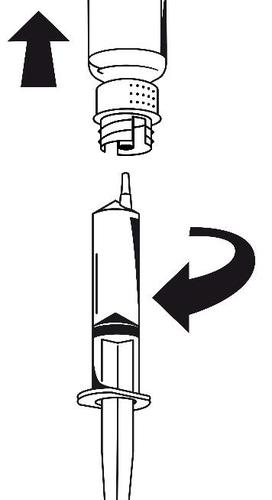 Siringa con stantuffo e ago collegati, freccia che indica la direzione verso l