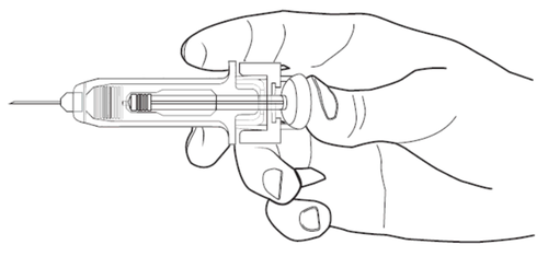Mano che tiene una siringa preriempita con ago esposto e protetto da cappuccio di sicurezza trasparente