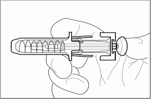 Dispositivo pre-riempito con stantuffo a molla visibile all
