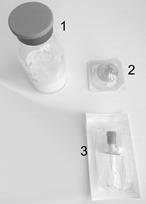 Fiala di polvere con tappo, applicatore e solvente in confezione sterile numerati da 1 a 3