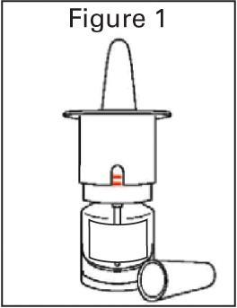 Dispositivo spray nasale bianco con cappuccio protettivo e boccaglio separato posto sotto