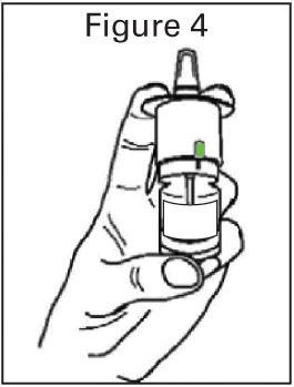 Mano che tiene un flacone spray nasale bianco con un tappo grigio e un indicatore verde laterale