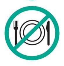 Cerchio verde con sbarra diagonale rossa su forchetta, coltello e piatto simbolo di divieto di alimentazione