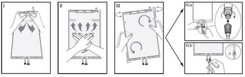 Preparazione di un dispositivo medico con quattro fasi illustrate da mani e frecce direzionali su una superficie rettangolare