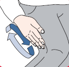 Mano che ruota un cilindro blu su una superficie cutanea chiara con frecce curve che indicano il movimento