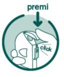 Mano che tiene un autoiniettore blu con freccia verso il basso e scritta &ldquo;premi&rdquo; e &ldquo;click&rdquo; indicando l&rsquo;uso corretto