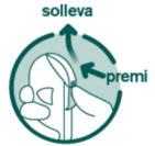 Mano che tiene un dispositivo medico con frecce che indicano i movimenti di pressione e sollevamento per l