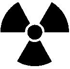 Simbolo di radioattività nero su sfondo bianco con un cerchio centrale e quattro bracci a forma di ventaglio