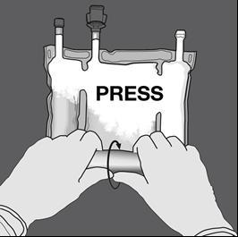 Mani che stringono un contenitore flessibile con la scritta PRESS ben visibile e una freccia che indica la rotazione