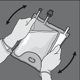 Mani con guanti che tengono e ruotano un dispositivo medico trasparente con due connettori e frecce curve che indicano la rotazione