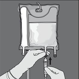 Sacca per infusione verticale con guanto in mano che collega un dispositivo cilindrico con freccia direzionale verso il basso