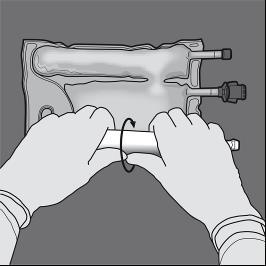 Mani con guanti che ruotano un cilindro bianco con due tubi laterali su sfondo grigio chiaro