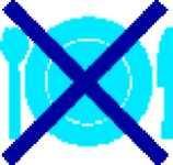 Simbolo di divieto blu su sfondo azzurro con una croce nera che interseca un piatto e posate