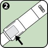 Penna autoiniettante con indicatore numerico 2 e freccia nera che indica la posizione del pistone