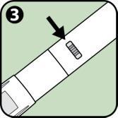 Penna iniettabile con indicatore numerico 3 e freccia che punta al selettore di dose graduato