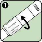 Penna iniettabile con indicatore di dose e freccia nera che indica la rotazione per impostare l