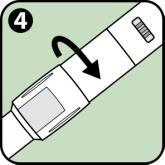 Penna iniettabile con meccanismo di rotazione indicato da una freccia e numero 4 in cerchio su sfondo verde chiaro