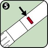 Penna iniettabile con indicatore rosso che mostra la dose corretta e freccia che indica la posizione