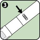 Penna iniettabile bianca con indicatore numerico 3 e freccia nera che punta al meccanismo di dosaggio
