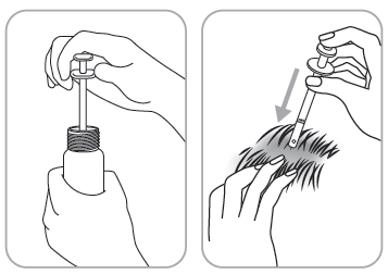 Mano che avvita un adattatore su una fiala e mano che applica il contenuto su un