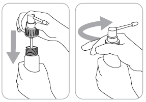 Dispositivo nasale con stantuffo che si avvita e freccia che indica la rotazione per l